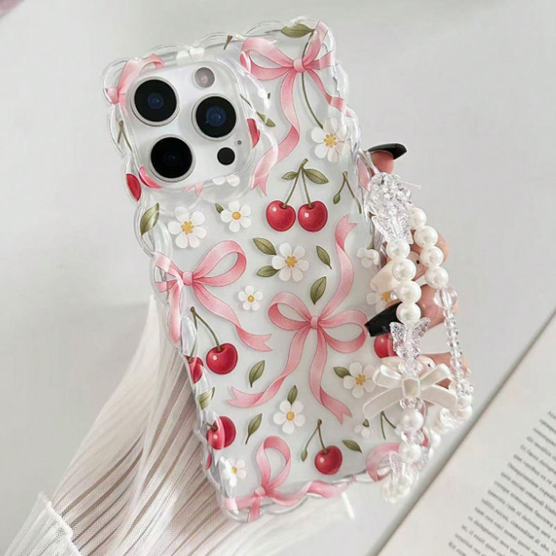 Phone Accessories Beads - 체리 보우 플로럴 스캘럽 레이스 엣지